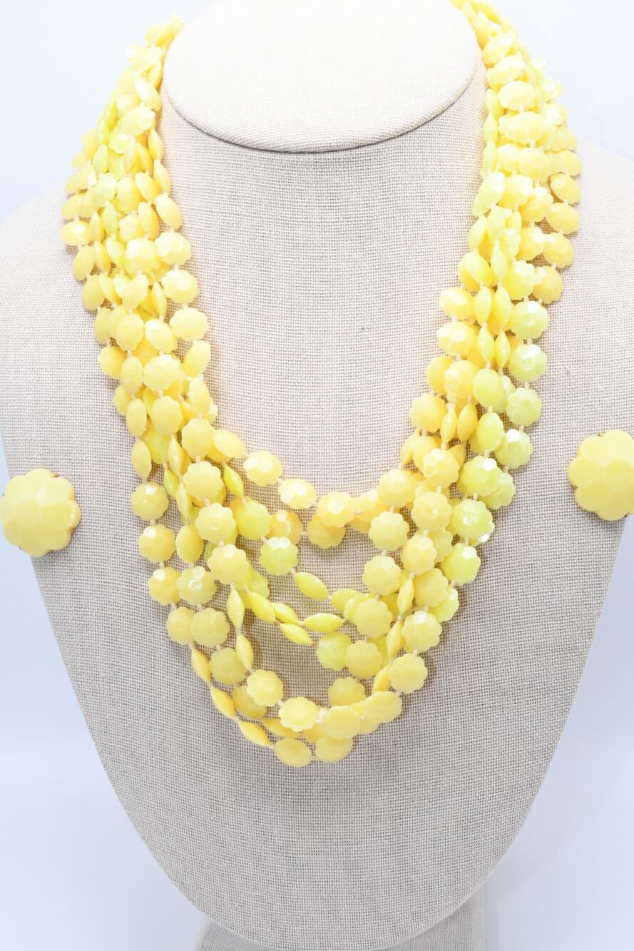 Vintage 1950s Yellow Lucite Necklace Earrings Set Hong Kong 8 Strand